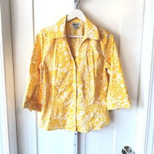 Coldwater Creek Yellow White Floral Button Down Shirt 3/4 Sleeve Womens Medium
